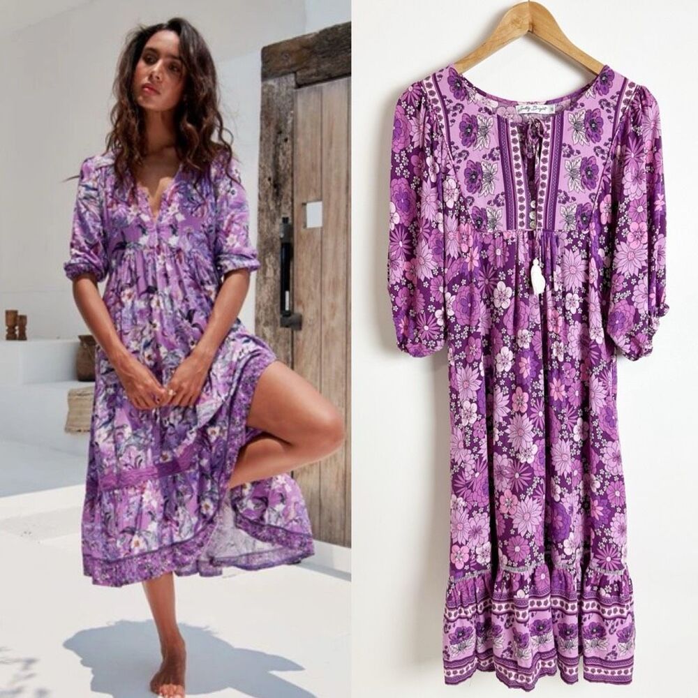 SALTY BRIGHT Purple Floral Dress Size 10 Large Retro Boho Midi Maxi‎ Ruffle